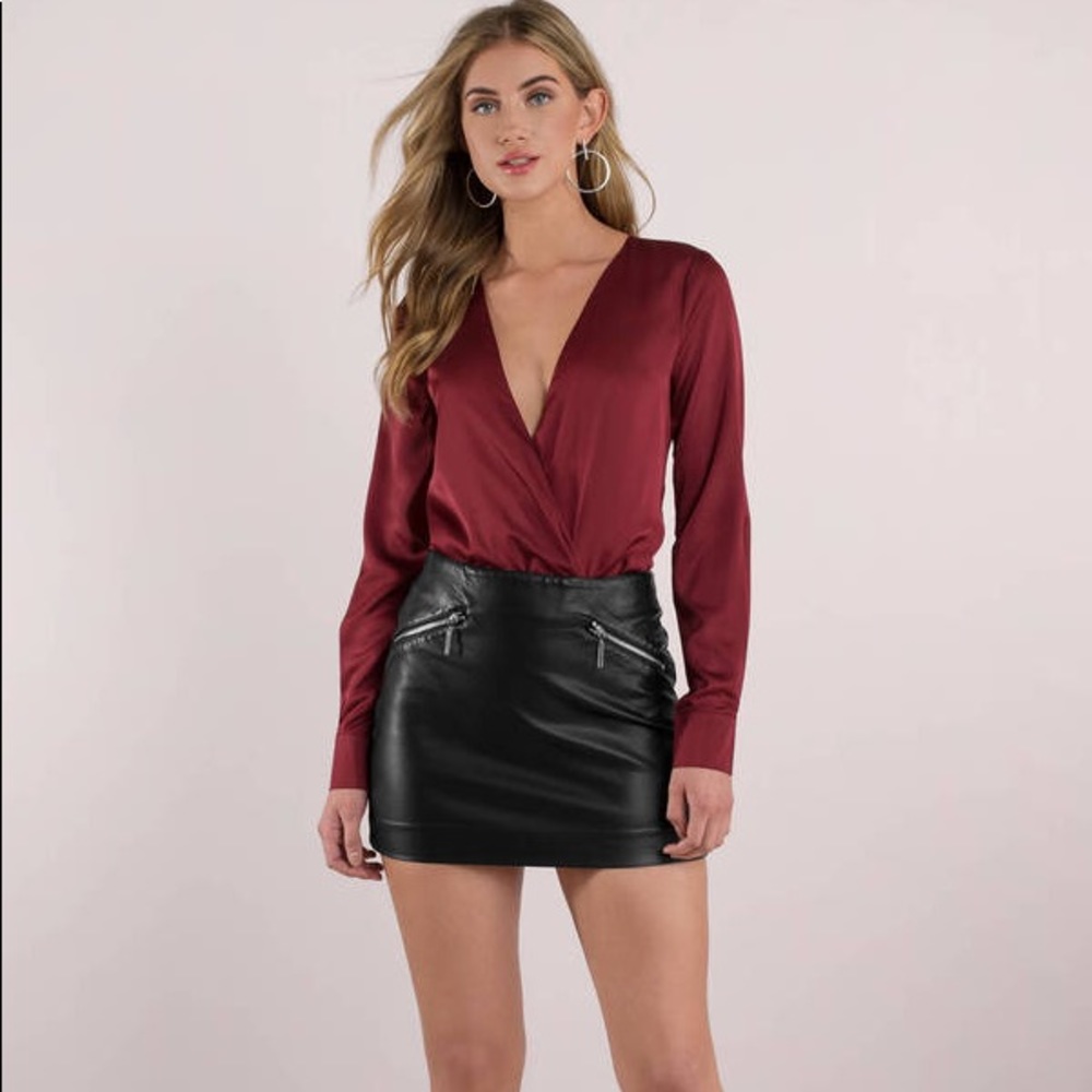 Stella Wine Plunging Satin Bodysuit